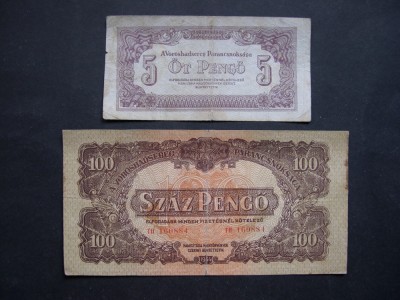 Lot 2 buc. Ungaria 5 pengo + 100 pengo 1944 Comandamentul Armatei Rosii foto