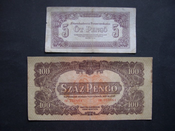 Lot 2 buc. Ungaria 5 pengo + 100 pengo 1944 Comandamentul Armatei Rosii