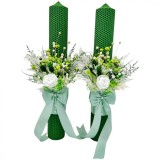 Set lumanari fagure, cu aranjament alb-verde, pentru cununie 42 cm, cu flori criogenate si plante naturale uscate (personalizabil cromatic si cu text), Eventissimi&reg;