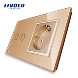 Cumpara ieftin Intrerupator dublu cu touch si priza simpla Livolo, rama din sticla aurie