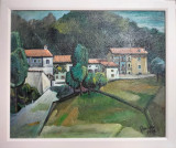Antonio Gandossi-Paisaj cu case, pictură pe p&acirc;nză (1989), Peisaje, Ulei, Impresionism