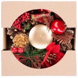Suport lumanare decorativ de Craciun cu cetina si floare, 15 cm