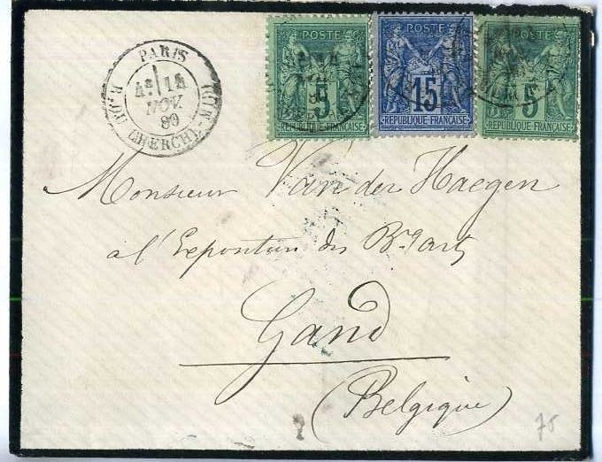 France 1880 Postal History Rare Mourning Cover Paris to Gand Belgium D.568