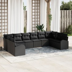 Set canapea de gradina Gossi 10 piese cu perne rattan poli negru, canapea de gradina Gossi cu depozitare si perne negru rattan poli pentru 2 persoane