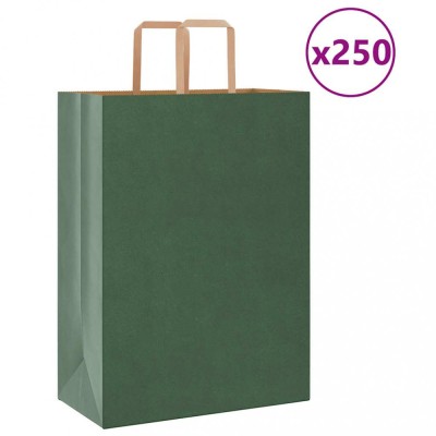 vidaXL Pungi de h&amp;acirc;rtie 250 buc cu m&amp;acirc;nere verde 32x17x44 cm foto