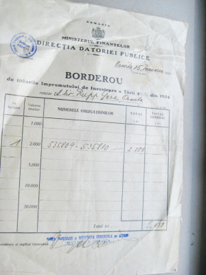 B958-Borderou act vechi Romania 1934. Marimi: cca 26/20 cm. foto