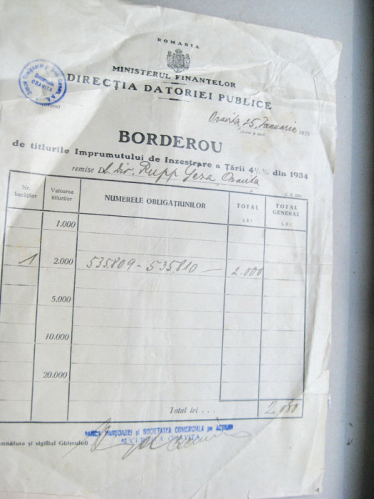 B958-Borderou act vechi Romania 1934. Marimi: cca 26/20 cm.