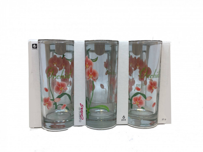 Set 6 Pahare de Sticla cu Model Orhidee Uniglass, 260 ml, Pahare Cu Model, Set de Pahare Transparente, Pahare din Sticla Cu Model, Pahare din Sticla T
