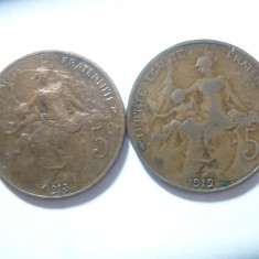 2 Monede 5c Franta 1912 1913 , cal.buna- f.buna , bronz