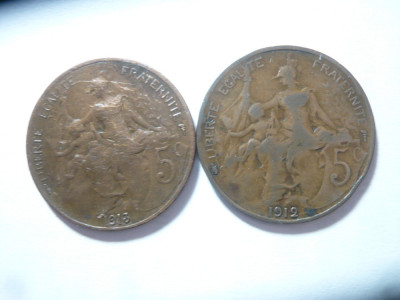 2 Monede 5c Franta 1912 1913 , cal.buna- f.buna , bronz foto