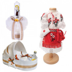 Set botez traditional fetita, trusou botez landou, lumanare si costum