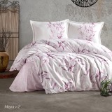 Lenjerie pat dublu,bumbac ranforce,4 piese,alba cu pomi,MayraV2-A449