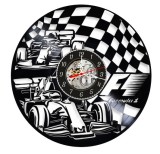 Ceas de Perete Decorativ din Disc Vinil, Formula 1 F1, Monoposturi, Steag Caroat, Negru, 30 cm