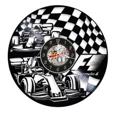 Ceas de perete decorativ realizat din disc de vinil, Model Formula 1 F1, Monoposturi Cursa, Steag Caroat, Negru, 30 cm