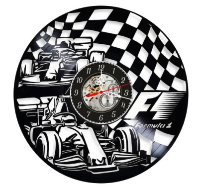 Ceas de perete decorativ realizat din disc de vinil, Model Formula 1 F1, Monoposturi Cursa, Steag Caroat, Negru, 30 cm foto