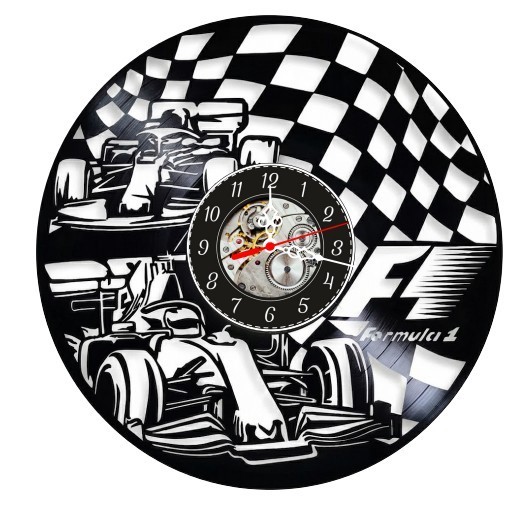 Ceas de perete decorativ realizat din disc de vinil, Model Formula 1 F1, Monoposturi Cursa, Steag Caroat, Negru, 30 cm