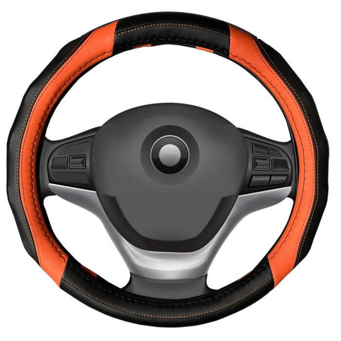 Husa volan din piele ecologica, neagra cu ornamente portocalii Automobile ProTravel
