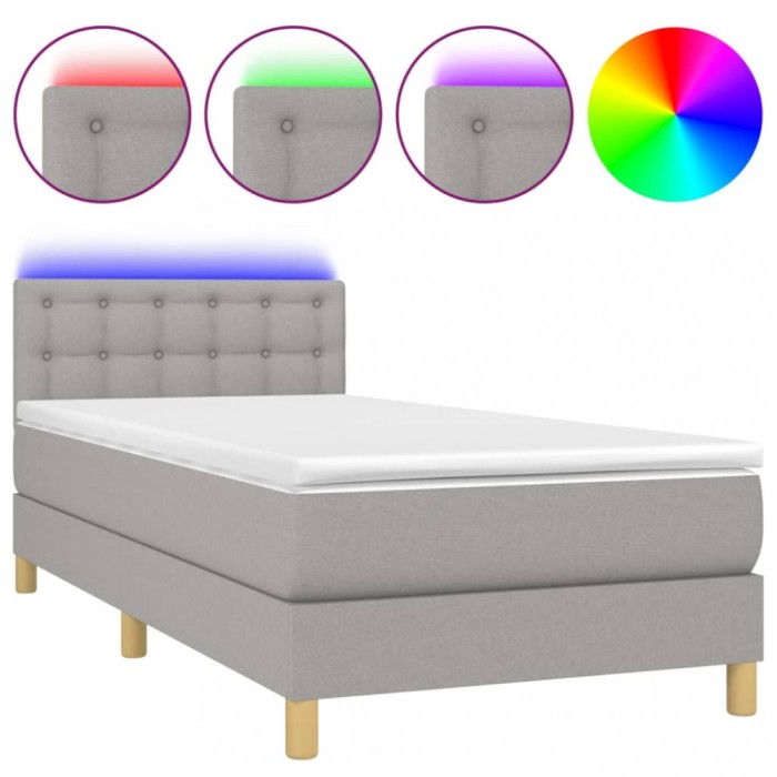 Pat cu arcuri, saltea si LED, gri deschis, 80x200 cm, textil