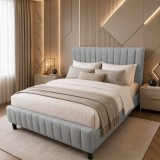 Cumpara ieftin Pat matrimonial Erzon, elemente lemn masiv, tapitat cu stofa, cu somiera,140x200 cm, gri