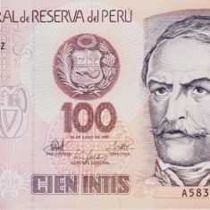 Bancnota Peru 100 Intis 1987 - P133 UNC