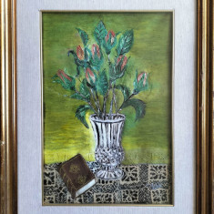 Adele Altarelli (n. 1910)-Vază cu flori şi carte veche (1981), pictură pe pânză