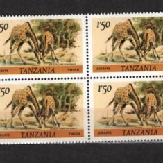 TANZANIA 1980 - FAUNA. GIRAFA. SERIE NESTAMPILATA IN BLOC DE 4, SA29