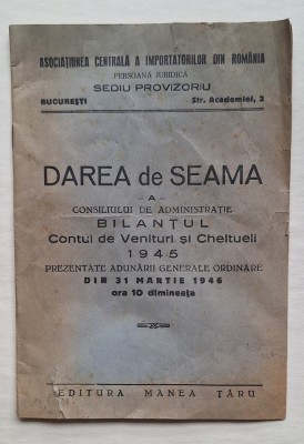 Darea de seamă 1945 &amp;ndash; Asociațiunea Centrală a Importatorilor, București 1946 foto