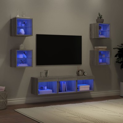 vidaXL Unități de perete TV cu LED-uri, 7 piese, gri sonoma, lemn foto