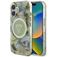 Husa pentru iPhone 16 - Guess IML Metal Glitter Flowers Triangle MagSafe (GUHMP16SHFLPEDN) - Green