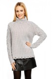 Cumpara ieftin Bluza dama tricotata gri, maneca lunga, guler inalt, rupturi decorative. Tip pulover, 100% poliester. Marimi: M/L