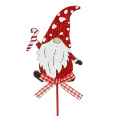 Decorațiune Crăciun Lemn, Gnom Moș Crăciun, Panglică Carouri, 30 cm, Roșu