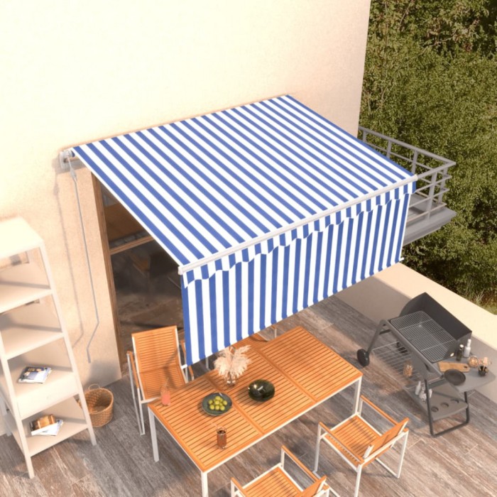 vidaXL Copertină retractabilă automat cu stor, albastru &amp; alb, 3x2,5 m