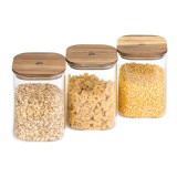 Set 3 Borcane Sticla cu Capac Lemn Navaris, 1L, Maro/Transparent, Patrate - Depozitare Alimente, Cafea, Ceai