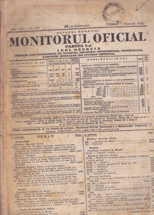 MONITORUL OFICIAL - PARTEA I a LEGI DECRETE, 1943, Nr.262