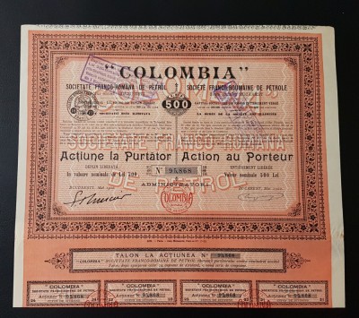 Actiune petrol 1920 soc. Colombia , titlu , actiuni , la purtator foto
