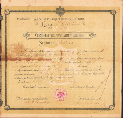 A2683N Certificat absolvire Liceul I C Brătianu din Pitești, 1910, a viitorului maior Ioan Stamatiu, originar din Pitești, Regimentul Argeș nr 4 foto