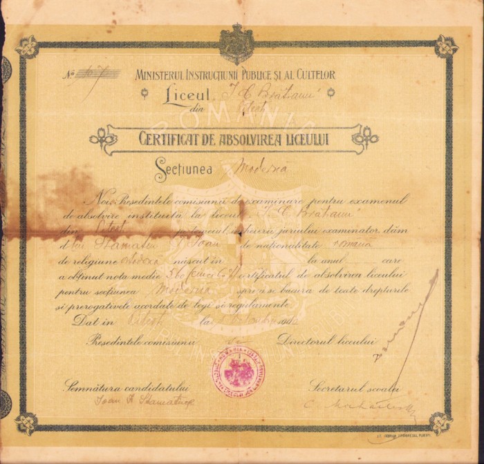A2683N Certificat absolvire Liceul I C Brătianu din Pitești, 1910, a viitorului maior Ioan Stamatiu, originar din Pitești, Regimentul Argeș nr 4