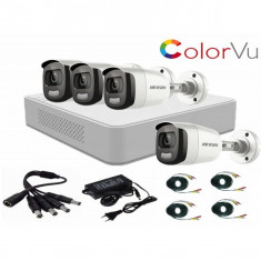 Kit 4 camere supraveghere ColorVU FullTime FullHD 2MP HikVision + DVR 4 canale TurboHD 1080p HikVision + Sursa + Cablu foto