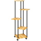 Outsunny Suport pentru Plante cu 5 Niveluri pentru Interior și Exterior, Etajeră cu 4 Roți din Oțel și Lemn, Lemn Natural | Aosom Romania