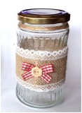 Borcan decorat cu iuta, panglica rosie si nasture&nbsp;din&nbsp;lemn