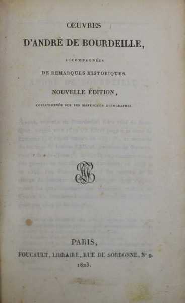 OEUVRES D &#039;ANDRE DE BOURDEILLE , 1823 , PREZINTA PETE SI URME DE UZURA