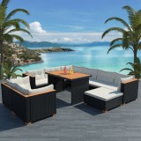 Set Mobilier Gradina Poliratan vidaXL, 32 Piese, Negru/Maro, Blat WPC, Canapea Colt/Centrala, Taburet, Masa, Perne Incluse, vidaXL