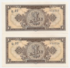 ROMANIA 2 X 1 LEU 1952 UNC CONSECUTIVE foto