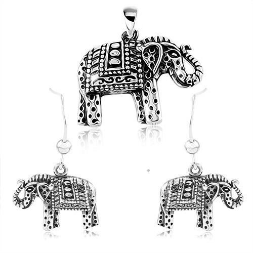 Set din argint 925, cercei și pandantiv - elefant cu gravuri și patină  neagră | Okazii.ro