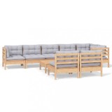 Set mobilier de gradina cu perne gri, 9 piese, lemn masiv pin