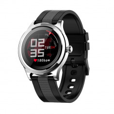 Ceas smartwatch Twinkler TKY-E6, Carcasa argintie, Bratara Negru / Gri, cu Monitorizare tensiune, Ritm cardiac, Oxigen, Cadran custom, Monitorizarea s