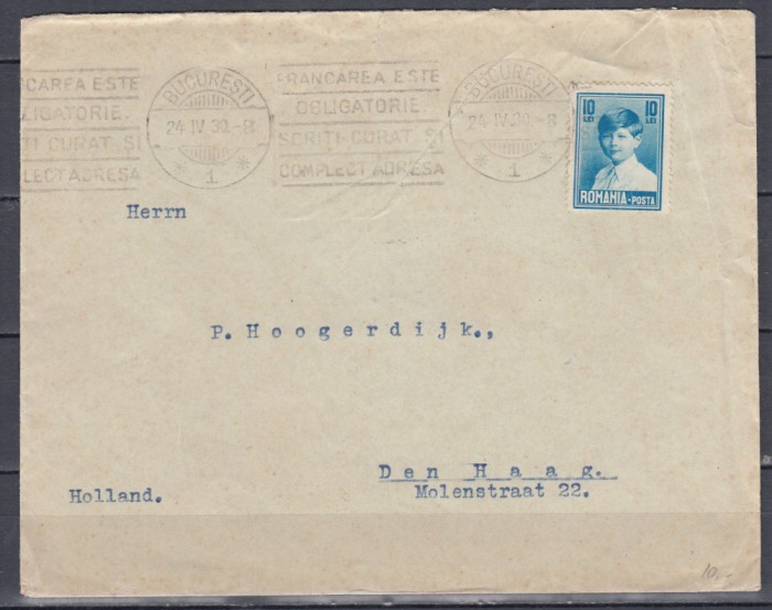ROMANIA 1930 PLIC CIRCULAT BUCURESTI-HAGA OLANDA 1930