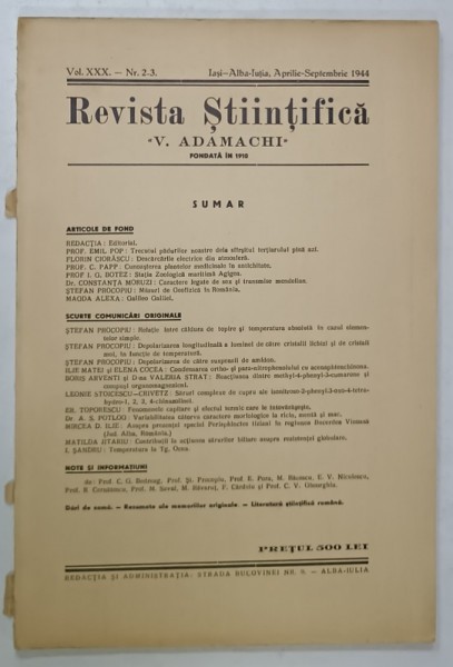 REVISTA STIINTIFICA &#039; V. ADAMACHI &#039; , NR. 2-3 , IASI - ALBA IULIA , APRILIE - SEPTEMBRIE , 1944