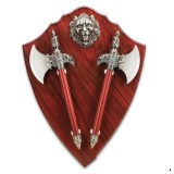 Panoplie in forma de scut cu doua topoare, emblema tigru, lemn, 55 cm, visiniu