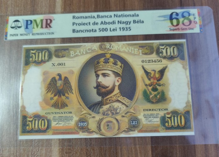 REPRODUCERE pe hartie cu filigran si fire UV proiect bancnota 500 Lei 1935 nr.164